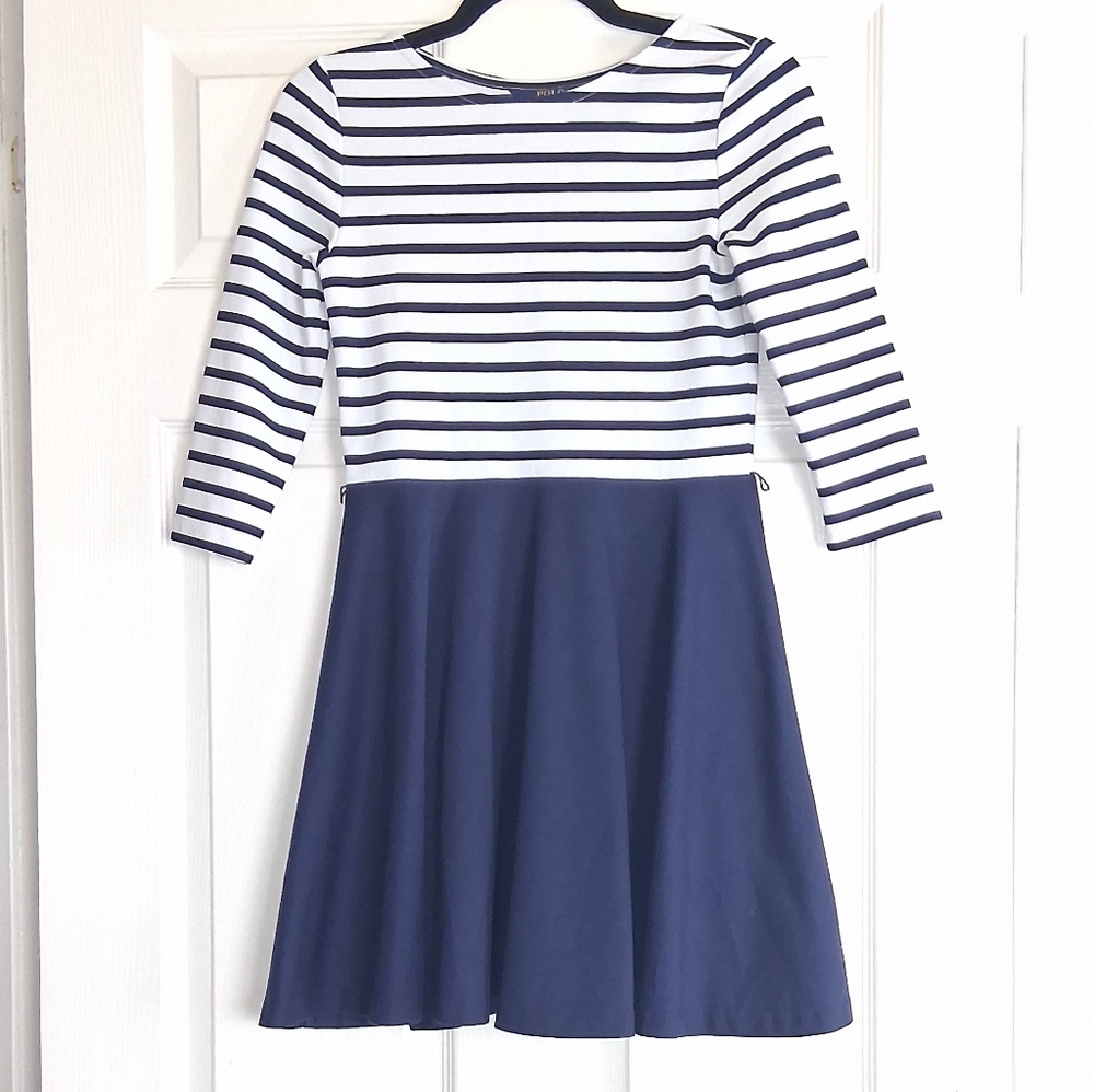 Polo Ralph Lauren Navy Blue White Striped Jersey Pointe Knit Dress